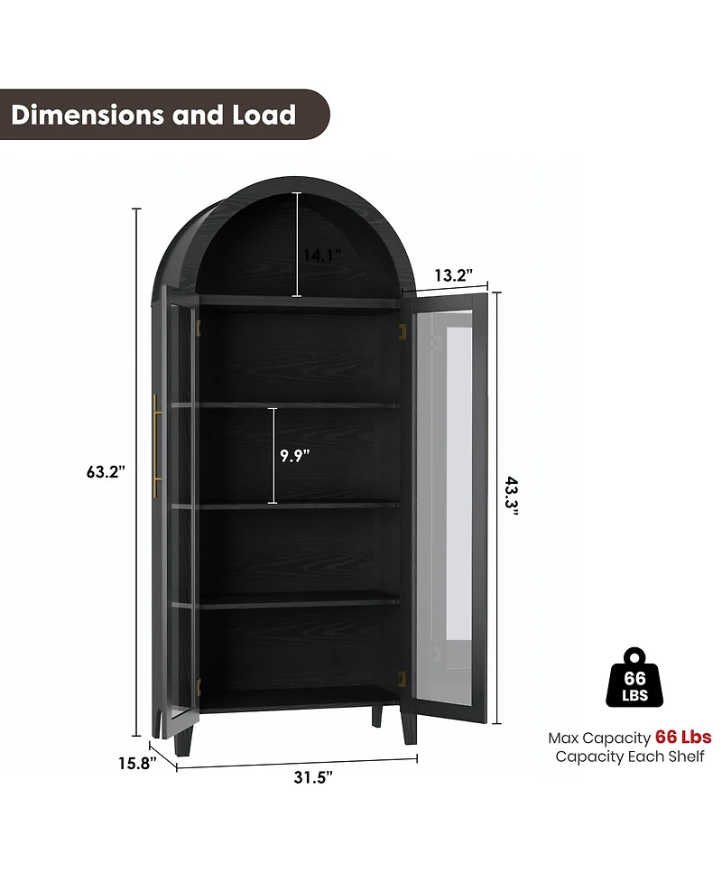 homfan Farmhouse 5-Tier Arched Pantry Cabinet, Display Shelf with Two Glass Doors and Adjustable Shelving, Multi-use Cupboard for Kitchen