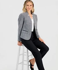 Kasper Womens Cutout Collar Long Sleeve Tweed Jacket Pleat Neck Sleeveless Blouse Ava Straight Leg Zip Pocket Pants