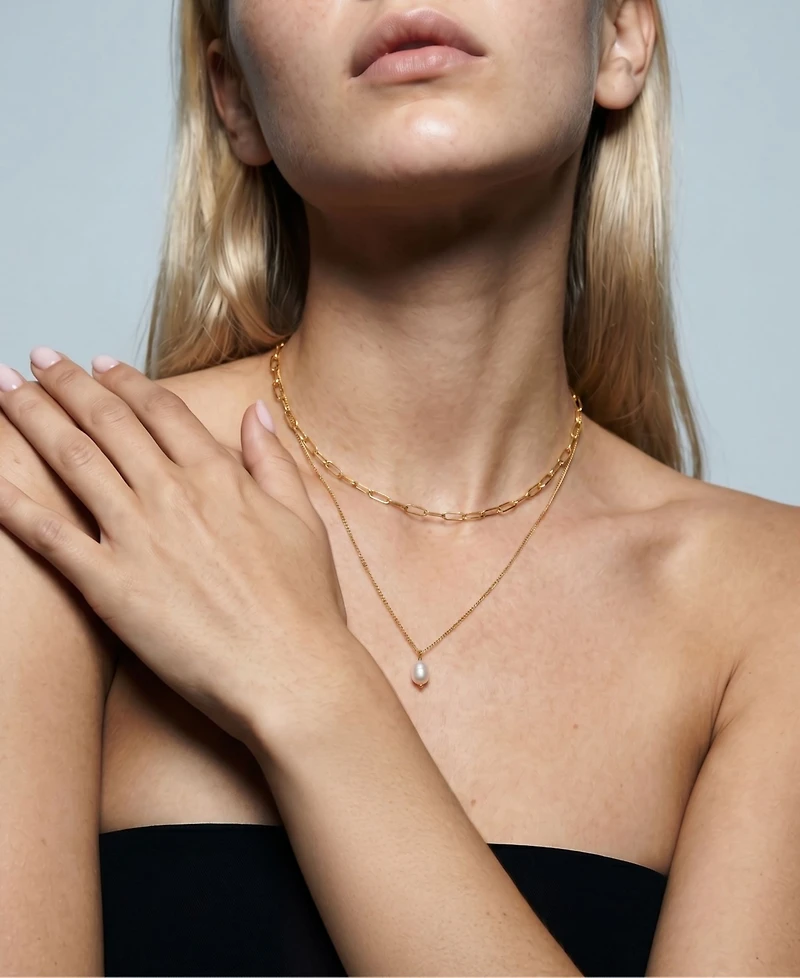 St. Moran Tarnish-Resistant Gold Set of 2 Natural Imitation Pearl and Paperclip Chain Lea Necklace Set