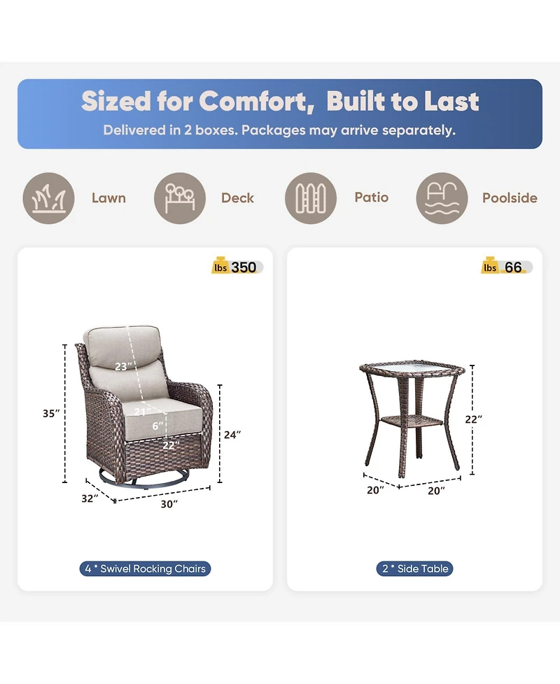 Pocassy Outdoor Swivel Rocker Chairs 6 Pieces Wicker Patio Chair with Rattan Side Table, 6" Extra Thick Cushions Furniture Set