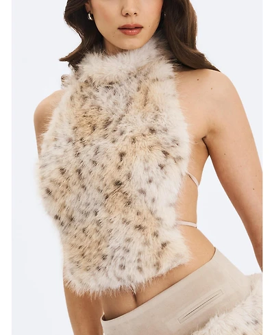 Miss Circle Women's Sasha Tan Cheetah Backless Contoured Fur Halter Top