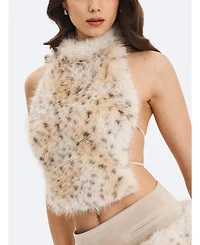 Miss Circle Women's Sasha Tan Cheetah Backless Contoured Fur Halter Top