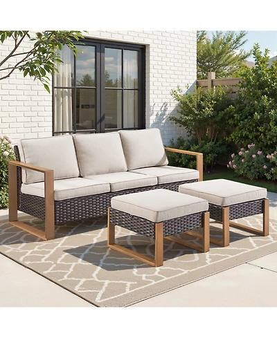 Pocassy 3 Pieces Patio Sofa with Ottomans, All-Weather Pe Rattan Wicker Small Conversation Couch Cushion