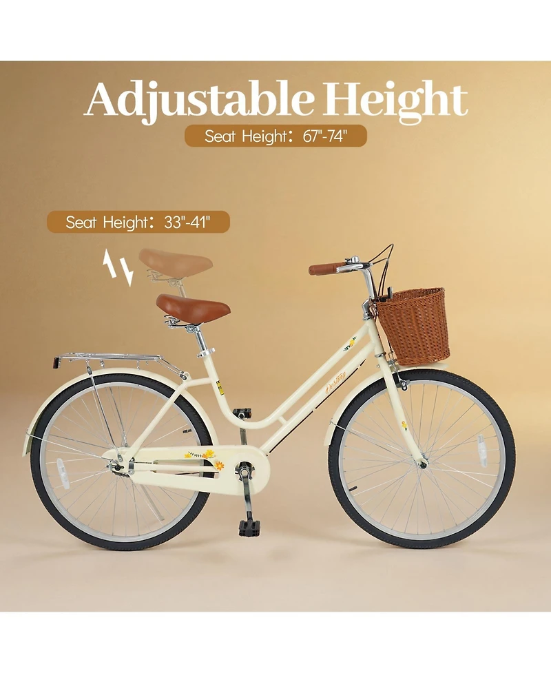 Gymax Beach Cruiser Bike w/Adjustable Seat Woven Basket and Rear Rack