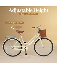 Gymax Beach Cruiser Bike w/Adjustable Seat Woven Basket and Rear Rack