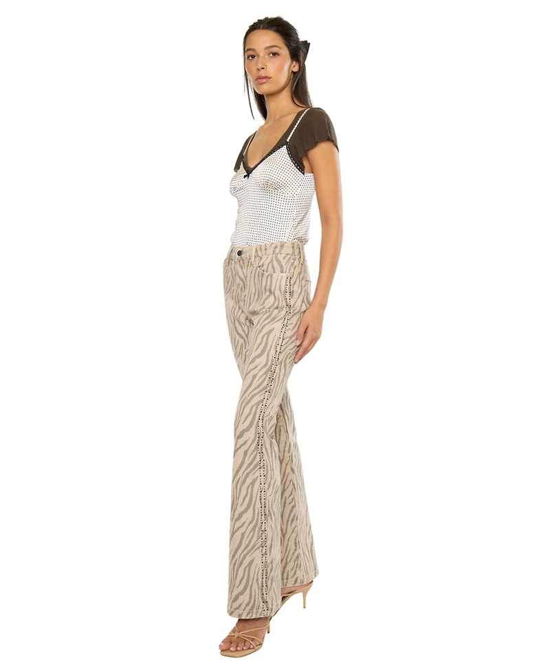 KanCan Women's Usa Juniors' High Rise Zebra Print Flare Jeans