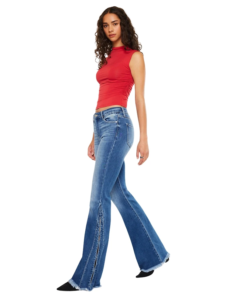 KanCan Women's Rila High Rise Flare Frayed Hem Jeans