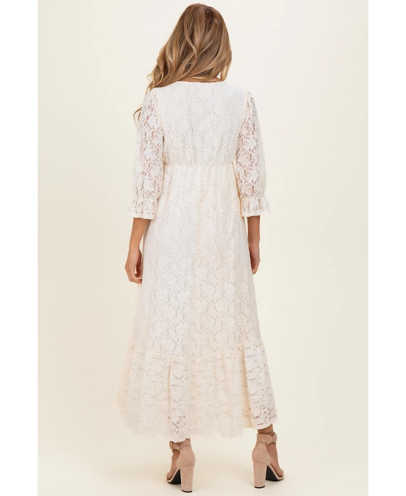 Pinkblush Maternity Ivory Floral Lace 3/4 Ruffle Sleeve V-Neck Maxi Dress