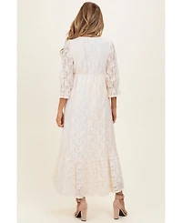 Pinkblush Maternity Ivory Floral Lace 3/4 Ruffle Sleeve V-Neck Maxi Dress