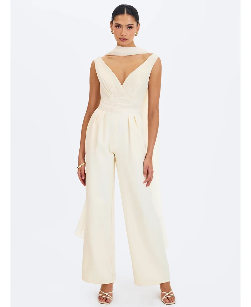 Miss Circle Women's Harper Ivory Ruched V-Neck Jumpsuit with Scarf