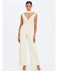 Miss Circle Women's Harper Ivory Ruched V-Neck Jumpsuit with Scarf