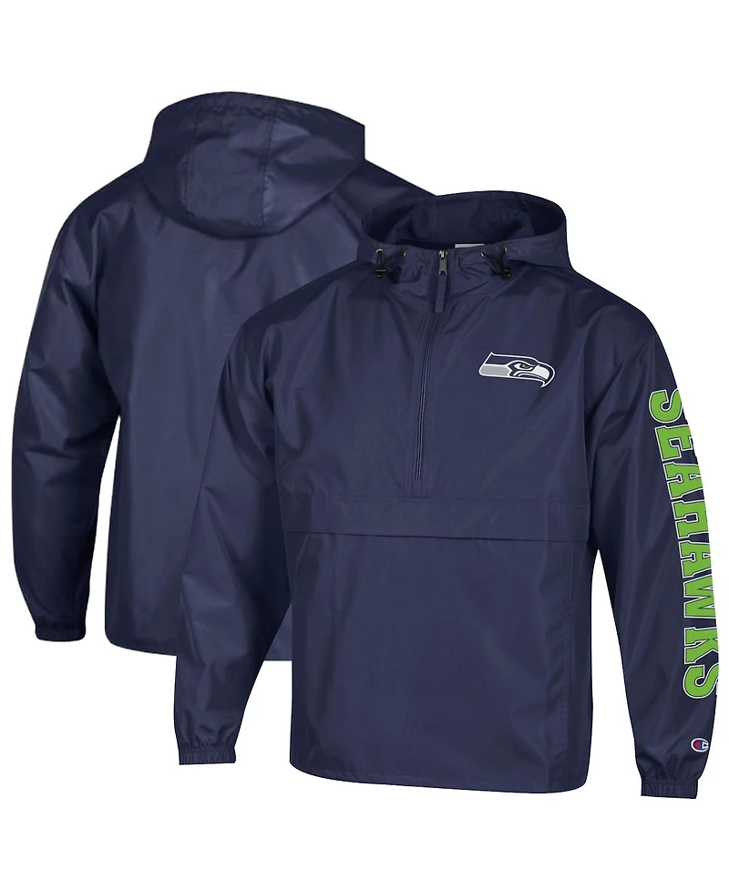 Champion Men's College Navy Seattle Seahawks Packable Hooded Windbreaker Half-Zip Jacket
