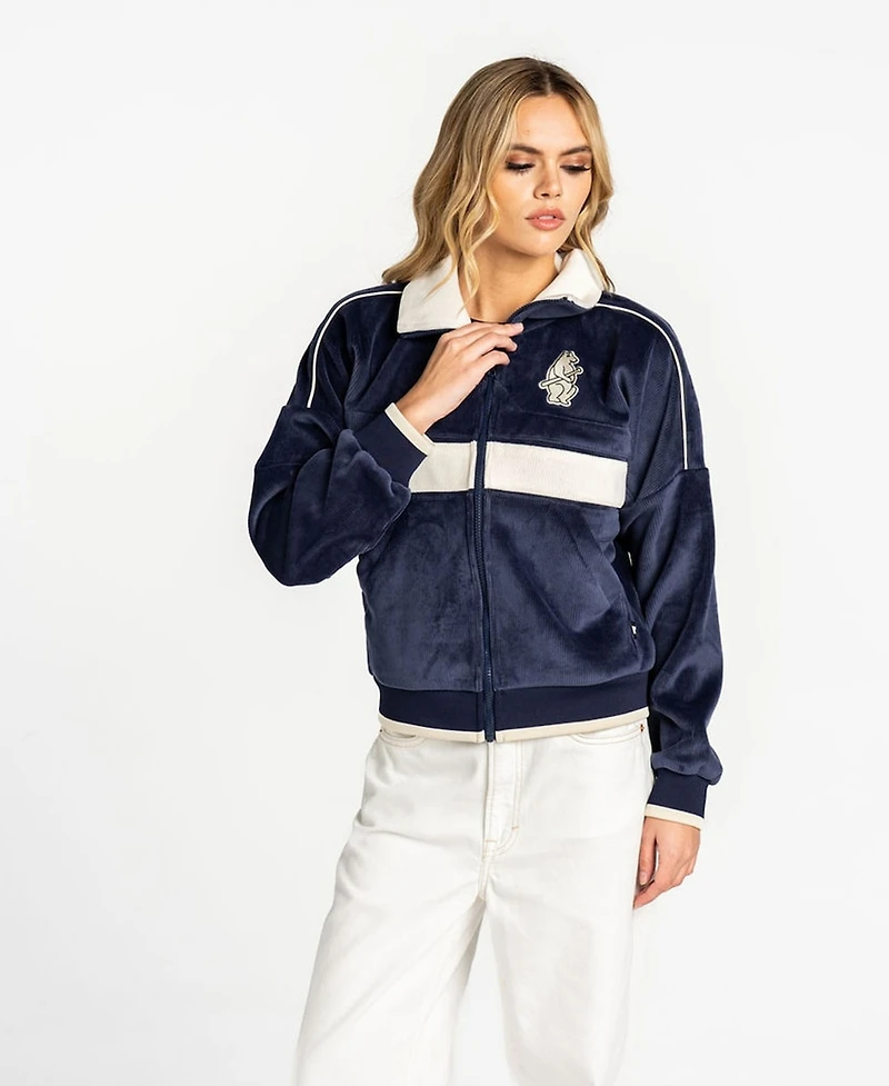 The Wild Collective Women's Navy Chicago Cubs Velvet Corduroy Full-Zip Jacket