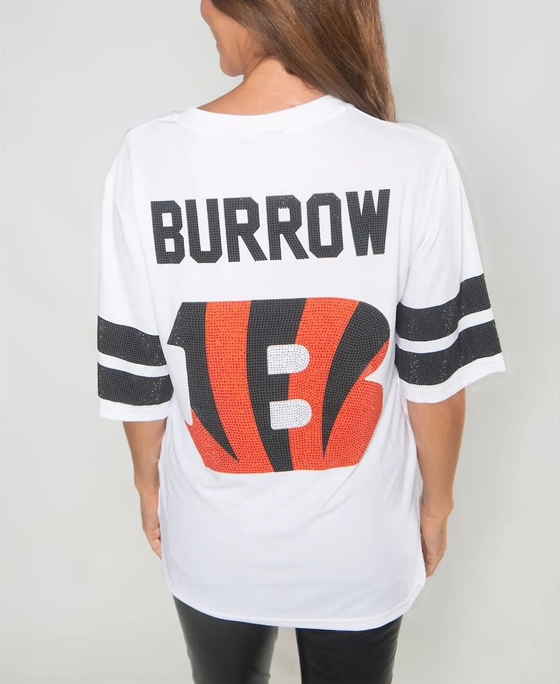 Cuce Women's Joe Burrow White Cincinnati Bengals Crystal V-Neck Tunic Top