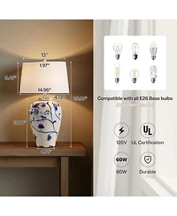 Tribesigns 27-Inch Table Lamp with Porcelain Ginger Jar, Embossed Floral Ceramic Base with Fabric Shade