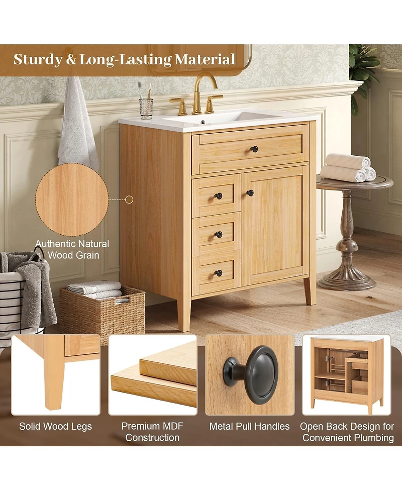 Sillysis 30 Inch Bathroom Vanity with Ceramic Sink, Rustic Wood Grain Cabinet, Soft Close Drawers, Adjustable Storage for Modern Bathrooms