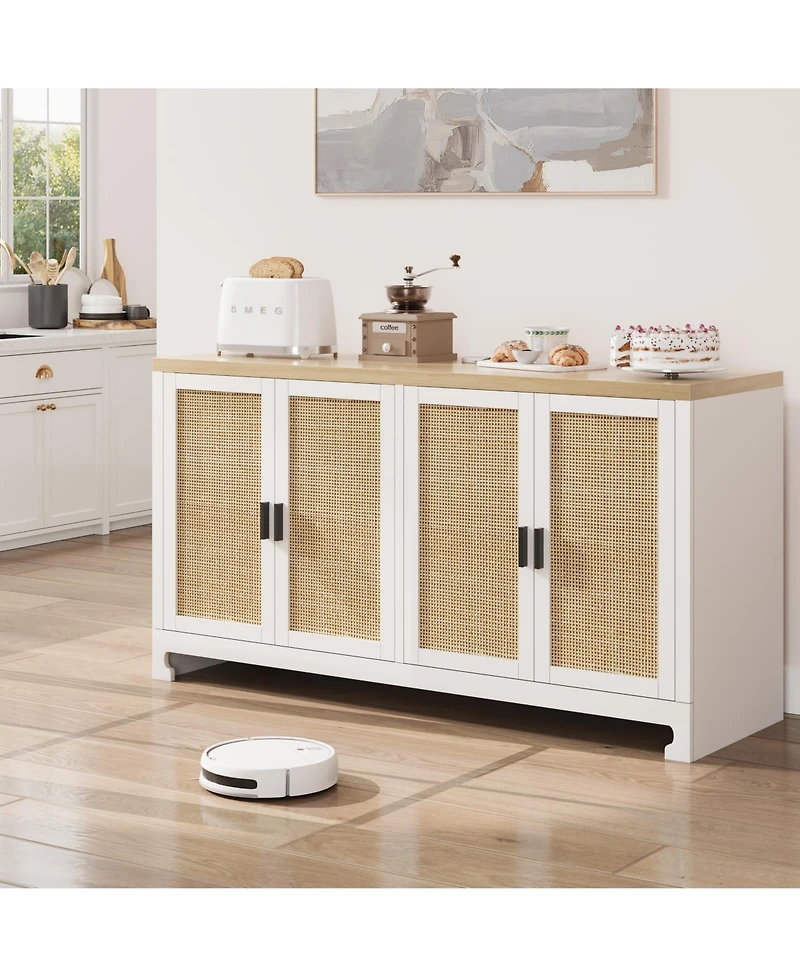 homfan Modern 4-Door Rattan Sideboard, Wooden Accent Buffet Cabinet with Ample Storage for Entryway, Living Room and Dining Room