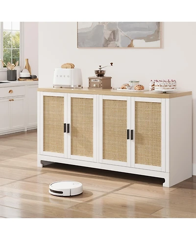 homfan Modern 4-Door Rattan Sideboard, Wooden Accent Buffet Cabinet with Ample Storage for Entryway, Living Room and Dining Room