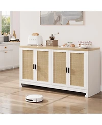 homfan Modern 4-Door Rattan Sideboard, Wooden Accent Buffet Cabinet with Ample Storage for Entryway, Living Room and Dining Room