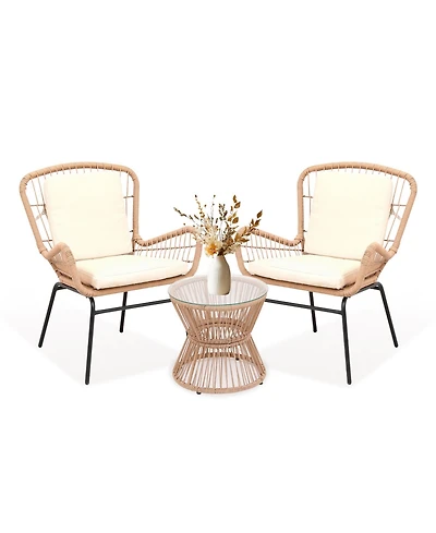 gaomon 3 Piece Outdoor Rattan Patio Bistro Set with Glass Top Table and 2 Chairs, All Weather Patio Furniture for Backyard, Poolside, Porch, Balcony