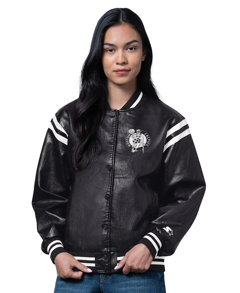 Starter Women's Black Boston Celtics High Heat Leather Varsity Full-Snap Jacket