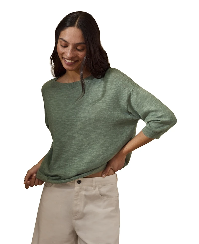 Celtic & Co. Women's 3/4 Sleeve Linen Blend Crew Neck Top