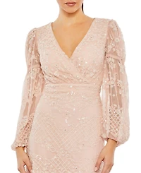 Mac Duggal Women's Sequined Tiered Wrap Over Puff Sleeve Gown