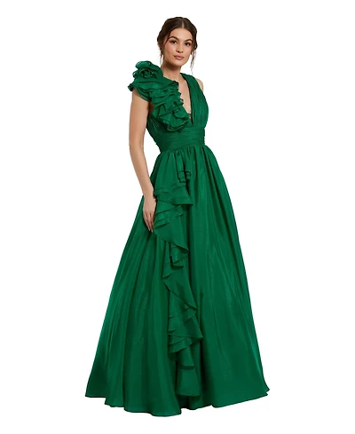 Mac Duggal Petite Ruffle Shoulder V-Neck A-Line Evening Gown
