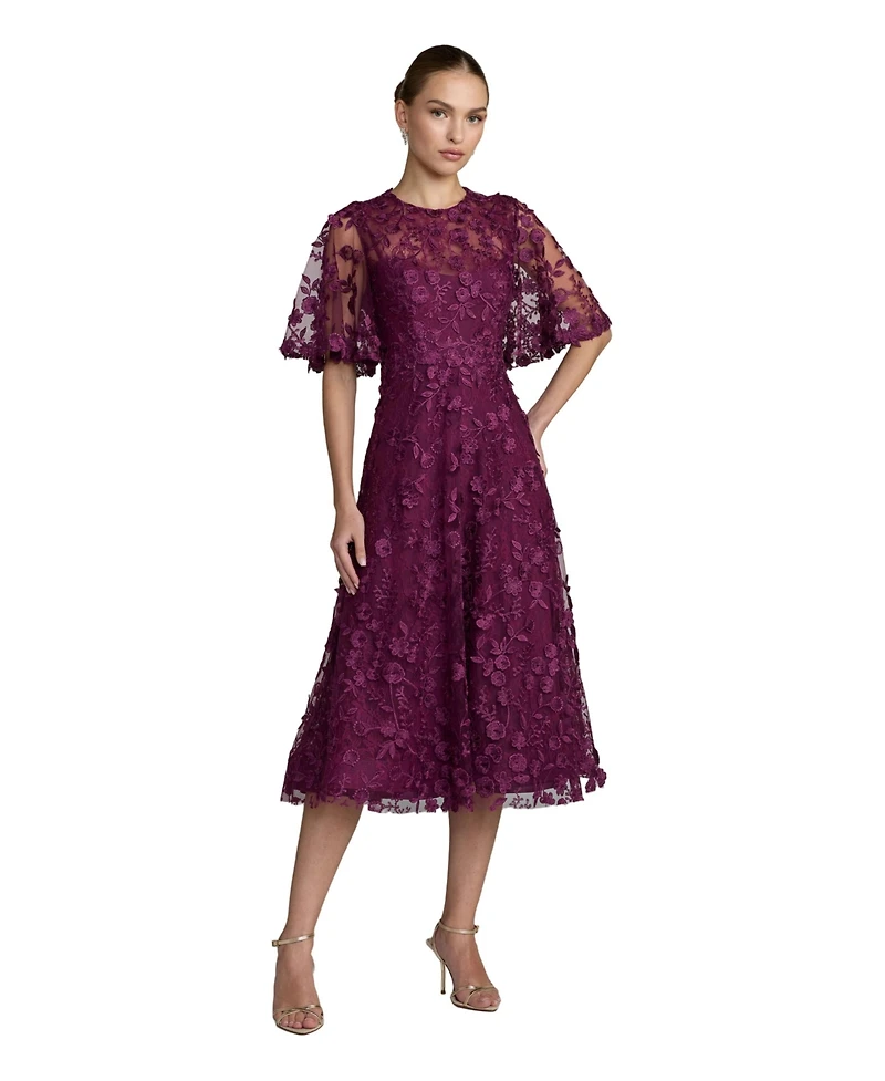 Mac Duggal Petite Flutter Sleeve Embroidered Midi Dress