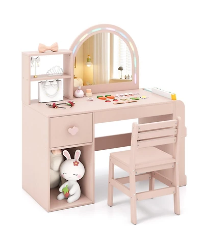 Gymax Kids Vanity Desk with Lights Open Bookshelf Storage Drawer Compartment and Shelves