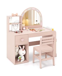 Gymax Kids Vanity Desk with Lights Open Bookshelf Storage Drawer Compartment and Shelves