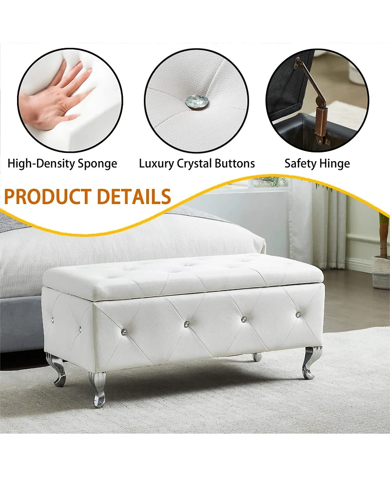 Flynama Faux Leather Storage Ottoman Bench with Crystal Buttons