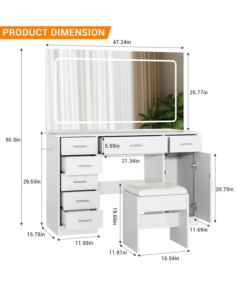 gaomon Vanity Desk with Large Led Mirror, 7 Drawers, Power Outlets, Usb Ports, Hair Dryer Holder, 3-Mode Lighting, Stool, Cabinet