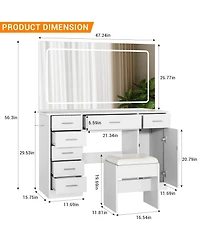 gaomon Vanity Desk with Large Led Mirror, 7 Drawers, Power Outlets, Usb Ports, Hair Dryer Holder, 3-Mode Lighting, Stool, Cabinet