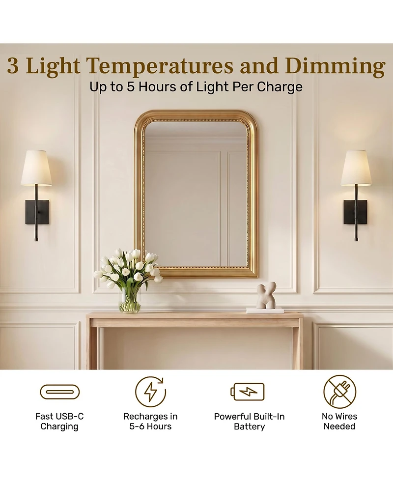 Bell + Howell Set of 2 Fabric Smooth Shade Dimmable Led Rechargeable Cordless Touch Control Lights Wall Sconces