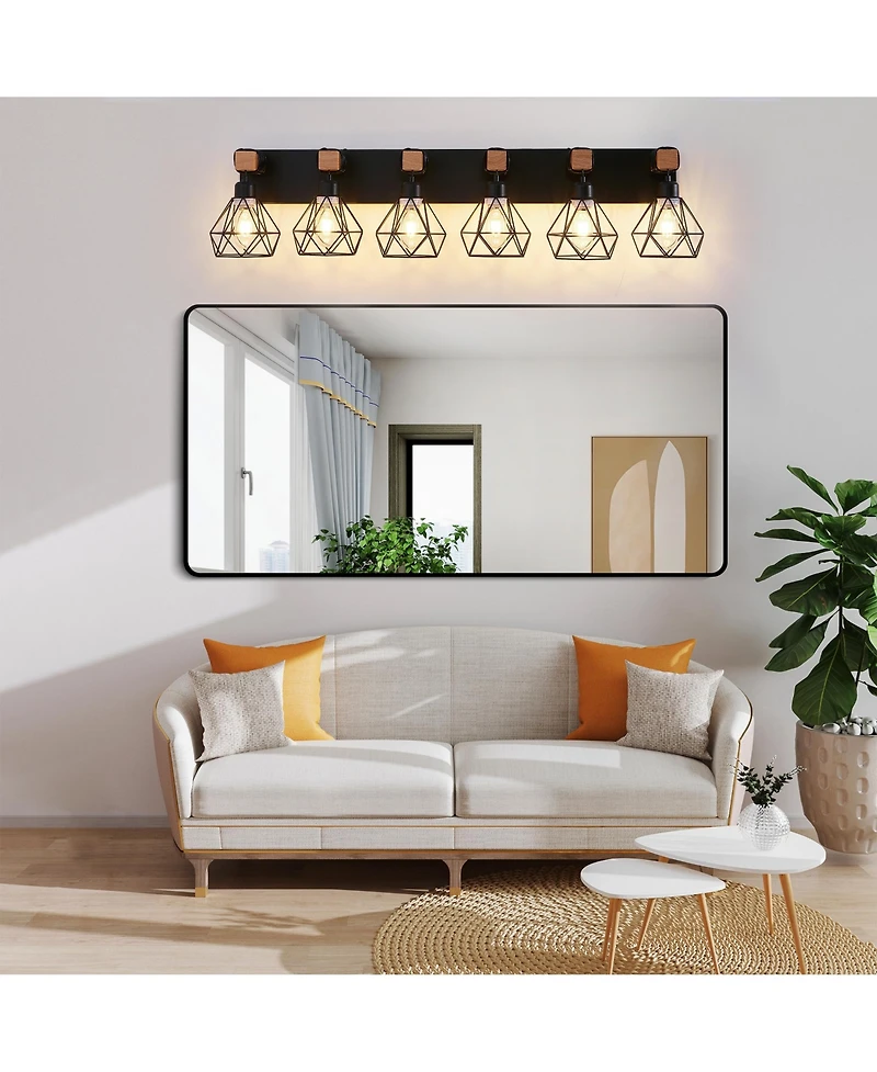 Busdays Inch Modern Geometric Light Vanity Light Fixture with Metal Wooden Accents and Cage Lampshade for Bathroom Bedroom Living Room No Bulb
