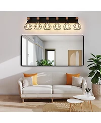 Busdays Inch Modern Geometric Light Vanity Light Fixture with Metal Wooden Accents and Cage Lampshade for Bathroom Bedroom Living Room No Bulb