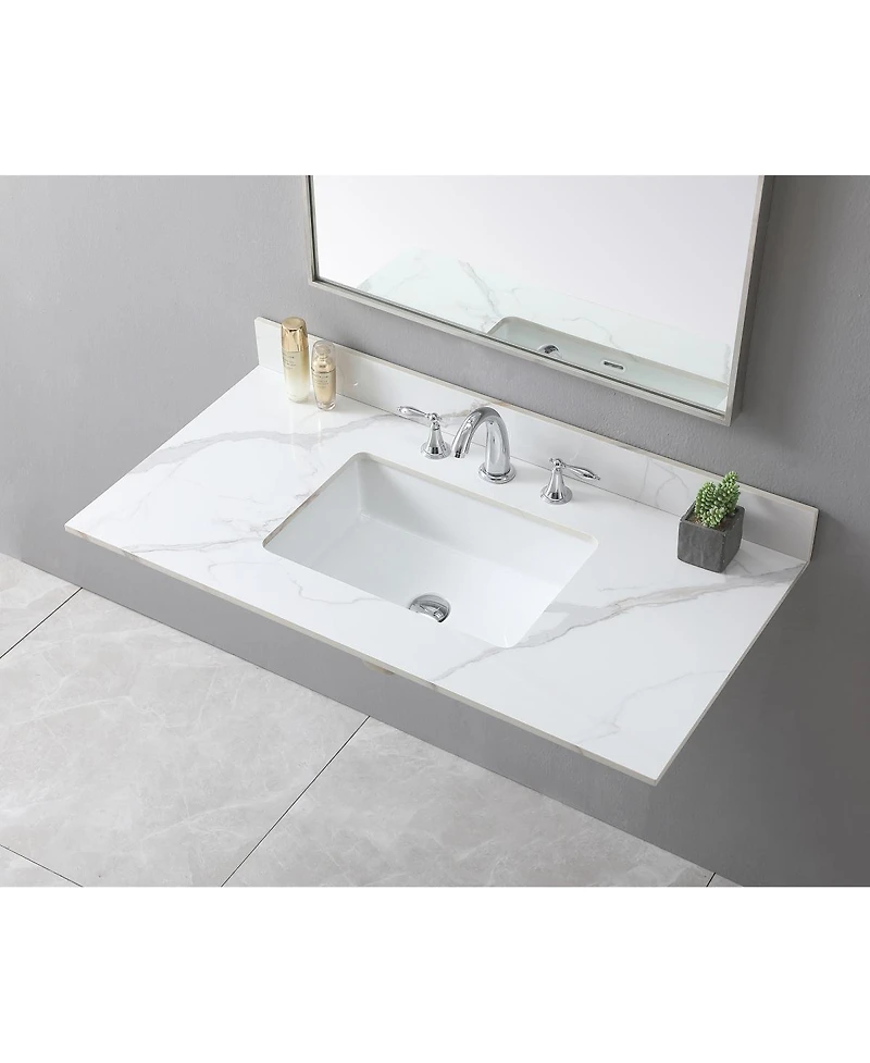 Sillysis 31/37/43 Inch Sintered Stone Vanity Top with Ceramic Rectangular Sink, 4 Inch Backsplash, 3 Faucet Holes