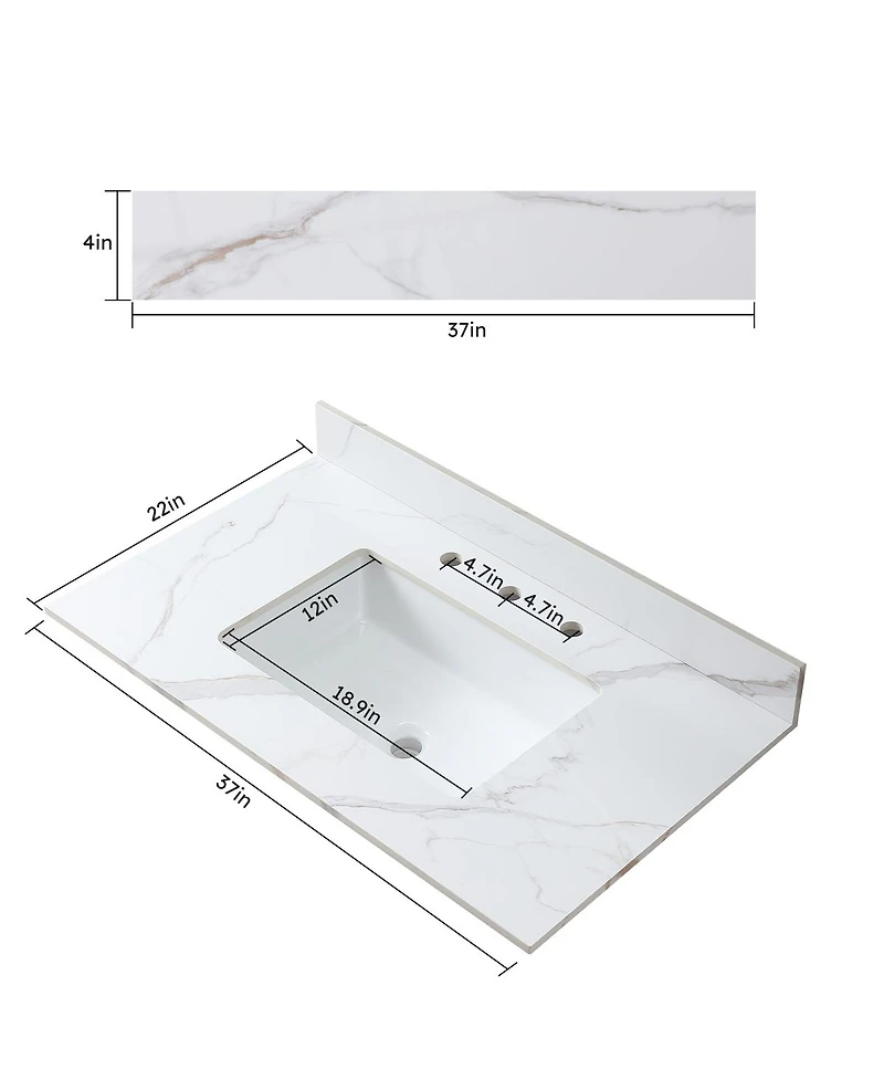 Sillysis 31/37/43 Inch Sintered Stone Vanity Top with Ceramic Rectangular Sink, 4 Inch Backsplash, 3 Faucet Holes