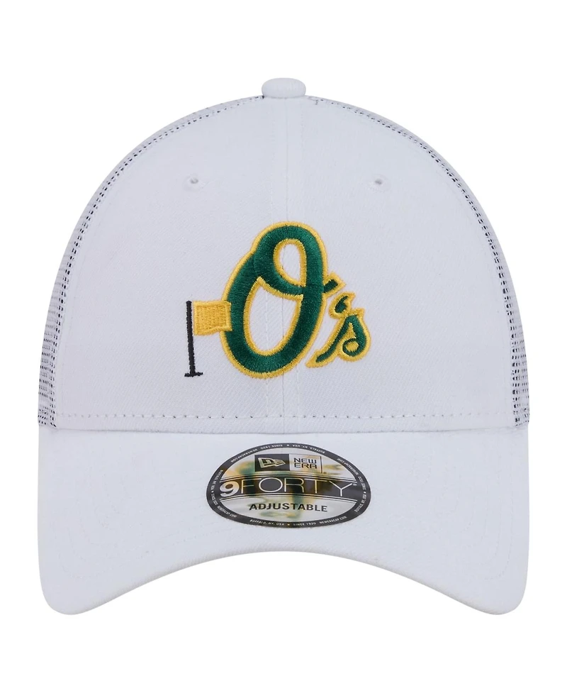 New Era Men's White Baltimore Orioles Flag 9FORTY Trucker Adjustable Hat