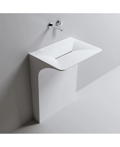 Sillysis Solid Surface Pedestal Sink, Seamless Modern Freestanding Wall-Mount Basin with Sloped Linear Drain, 23x18x33 Inch for Small Bathroom