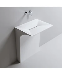 Sillysis Solid Surface Pedestal Sink, Seamless Modern Freestanding Wall-Mount Basin with Sloped Linear Drain, 23x18x33 Inch for Small Bathroom