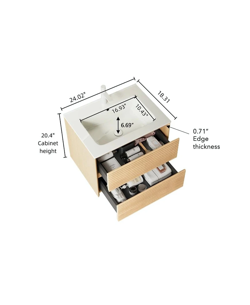 Sillysis 24 Inch Wall-Mounted Bathroom Vanity with Ceramic Sink, 2 Soft Close Drawers