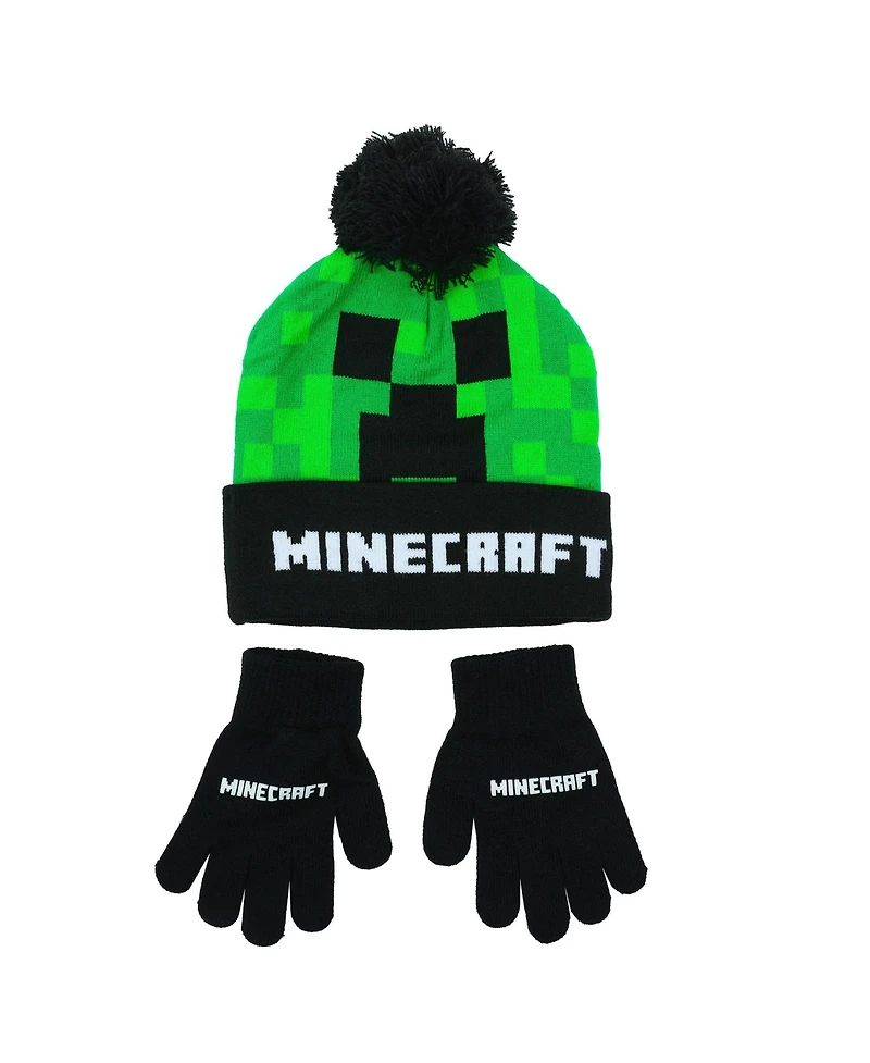 Minecraft Creeper Tnt Youth Winter Two Way Hat And Knit Gloves Cold Weather Set