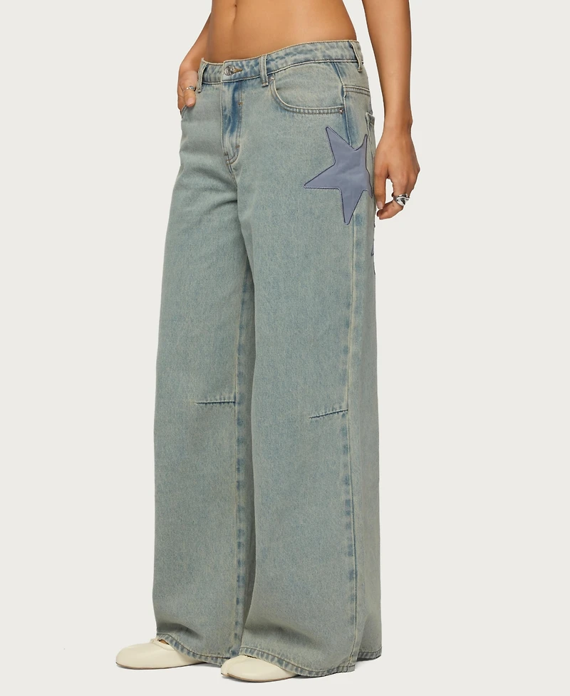 Edikted Women's Trish Satin Effect Stars Low Rise Jeans