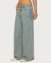 Edikted Women's Trish Satin Effect Stars Low Rise Jeans