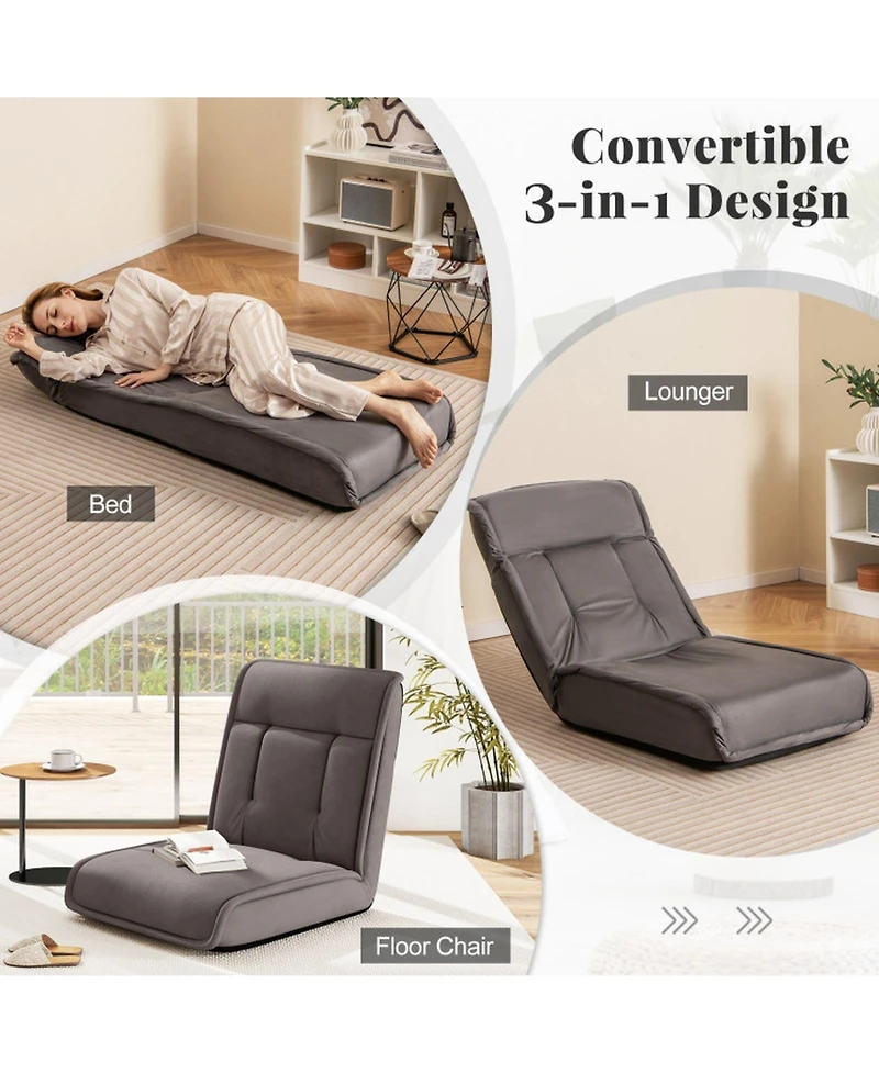 Gouun Folding Floor Chair Convertible Lazy Lounger with Suede Surface