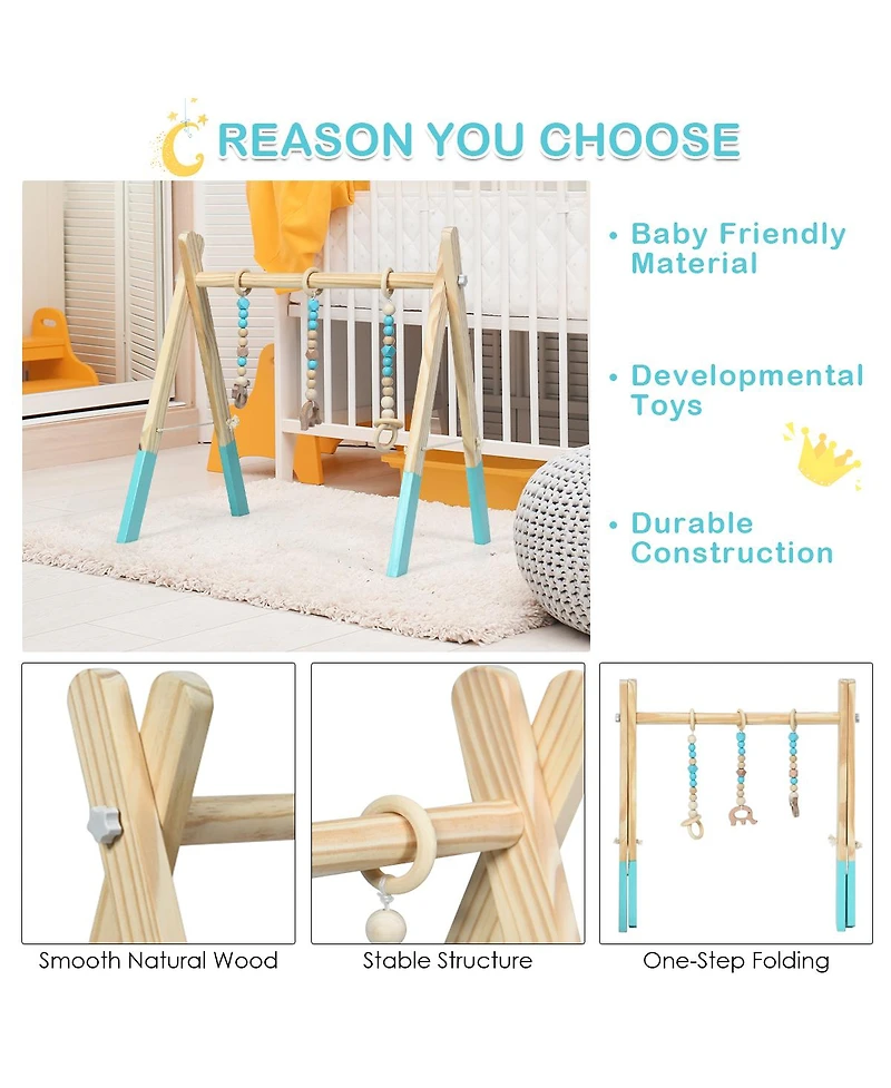 Costway Toddler Wooden Gym with 3 Wooden Teething Toys Hanging Bar