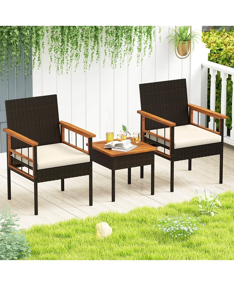 Costway Pcs Wicker Furniture Set with Acacia Wood Tabletop Armrests Cushions for Backyard