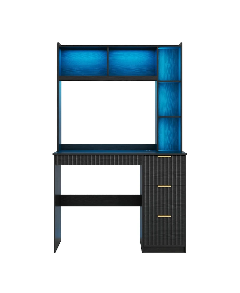 Vlsrka Computer Desk With Bookshelves And Led Lighting